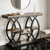 Console table with decorative items in a modern interior setting
