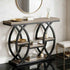 Console table with decorative items in a modern interior setting
