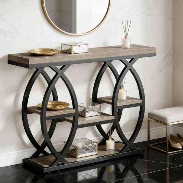 Console table with decorative items in a modern interior setting