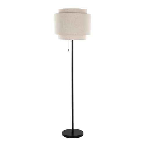 Floor lamp with a beige shade and black base on a white background