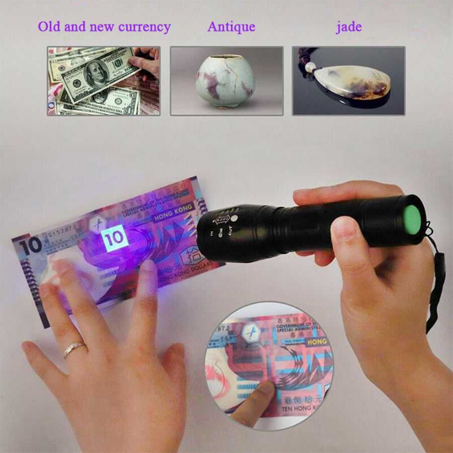 LED UV Flashlight Detection Lamp verifying currency and inspecting antiques, jade, and documents with UV light precision.