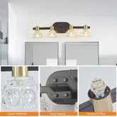 Bathroom vanity light fixture with crystal lampshades and metal material details.
