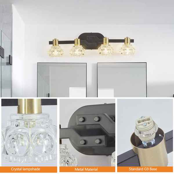 Bathroom vanity light fixture with crystal lampshades and metal material details.