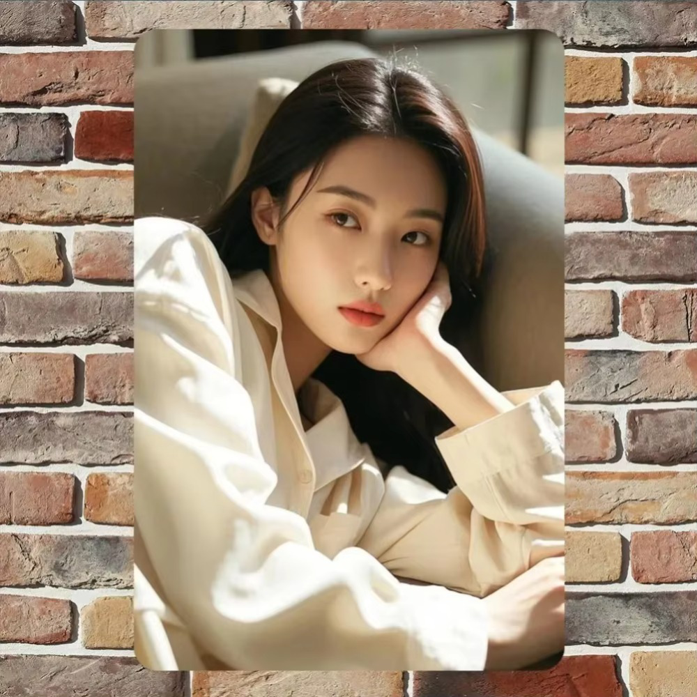 Beauty Themed Aluminum Wall Art - Stylish Home Decor showcasing a relaxed woman in neutral tones, mounted on a rustic brick wall.