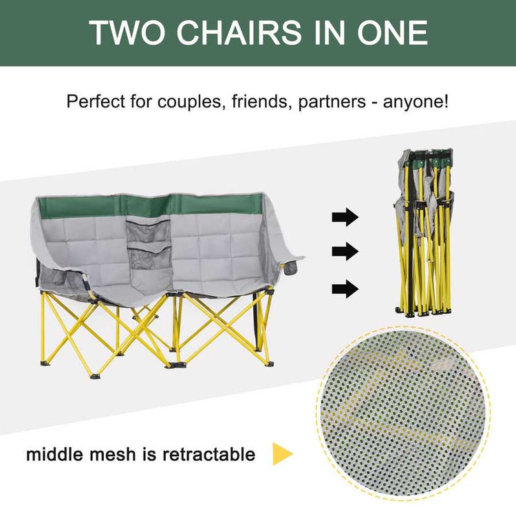 Two-in-one chair with yellow legs and gray cushion, shown in folded and expanded states.