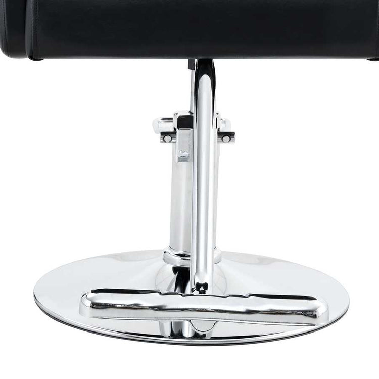 Base of black salon chair with durable chrome finish and stable support