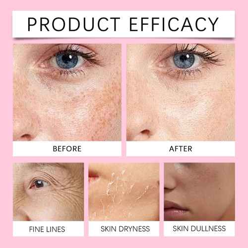 Before and after comparison of skin with text indicating product efficacy on a pink background.