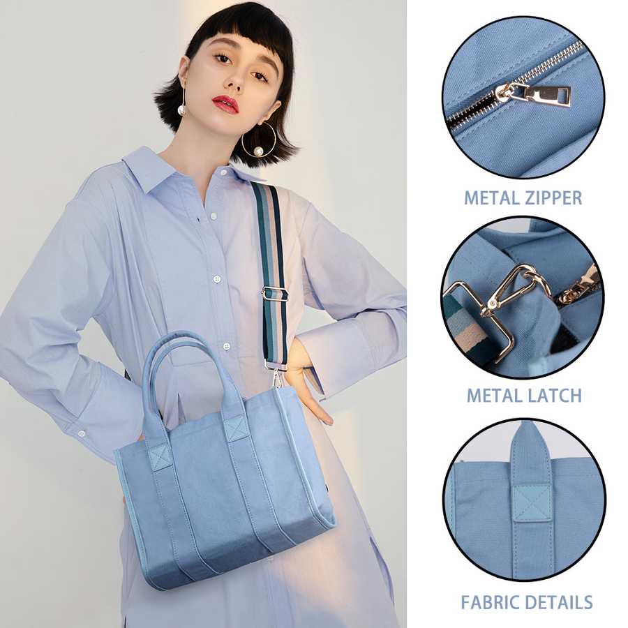 Woman holding a blue handbag with close-up details on metal zipper, latch, and fabric.
