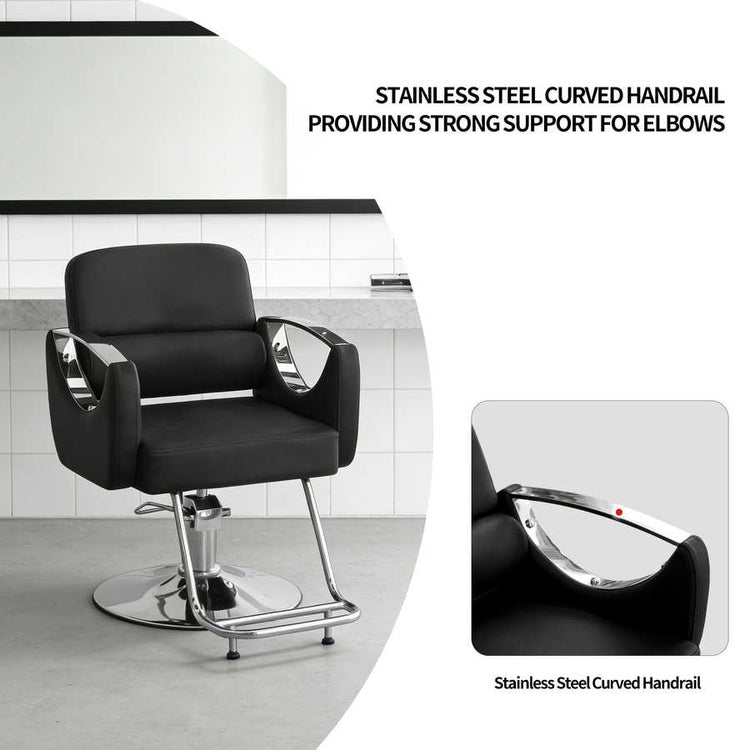 Black salon chair with stainless steel curved handrail in a tiled room.