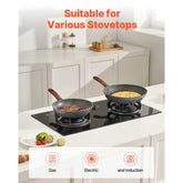 Two nonstick frying pans from 3 piece skillet set in use on gas and induction stovetops in modern kitchen.
