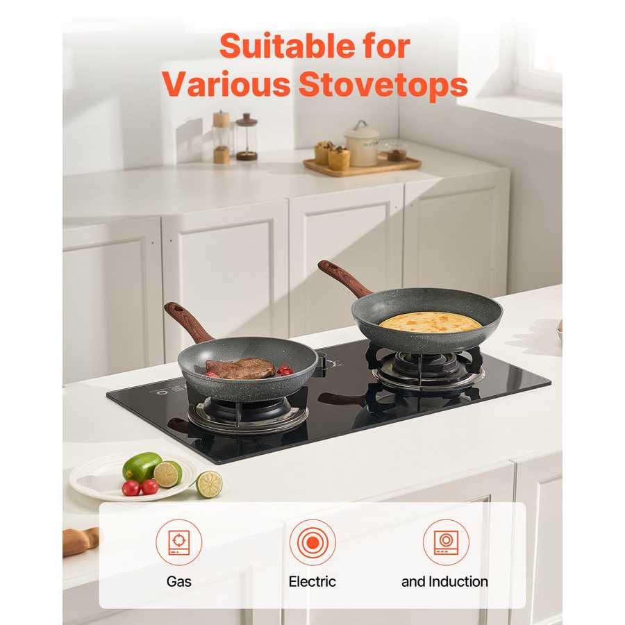 Two nonstick frying pans from 3 piece skillet set in use on gas and induction stovetops in modern kitchen.