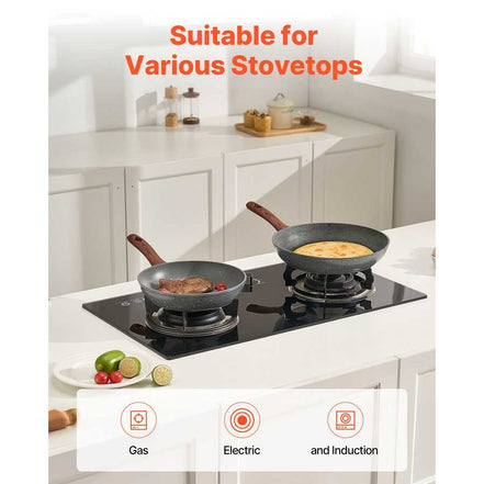 Two nonstick frying pans from 3 piece skillet set in use on gas and induction stovetops in modern kitchen.