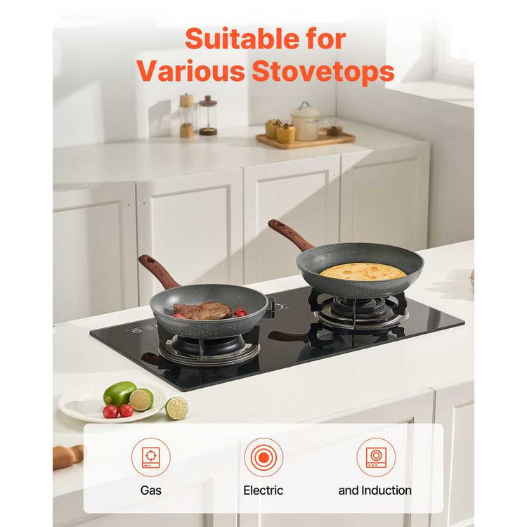 Two nonstick frying pans from 3 piece skillet set in use on gas and induction stovetops in modern kitchen.