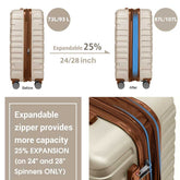 Beige suitcase with expandable zipper feature on a white background