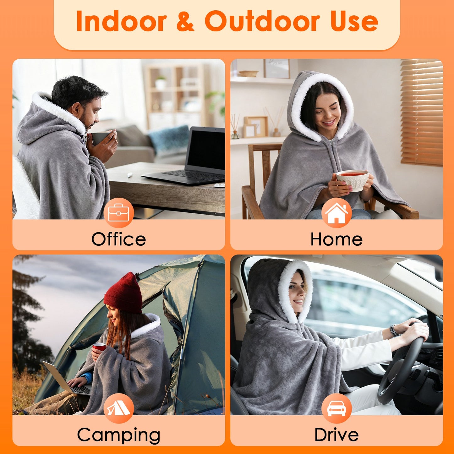 8-Zone Wearable Heated Blanket - 3 Adjustable Heat Levels, 59x31in Soft Flannel, USB-Powered Portable Design with Pockets, Machine Washable Winter Warmth