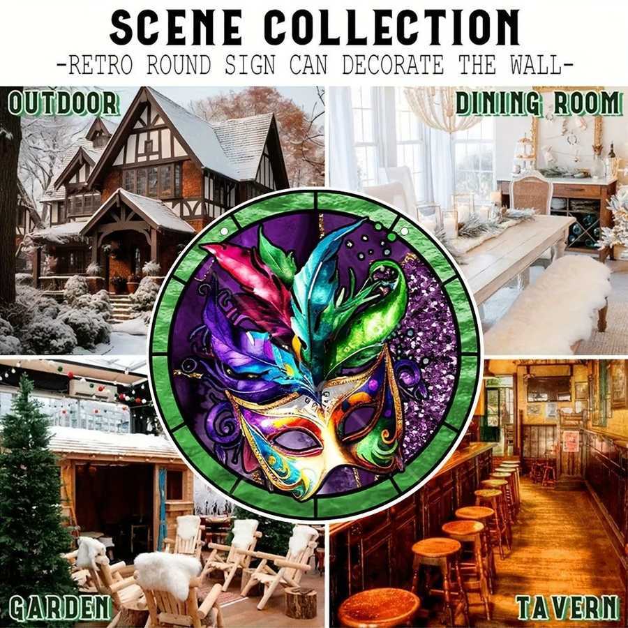 Venetian Mask Wall Art displayed in various settings like garden, tavern, and dining room, showcasing its versatile home decor appeal.