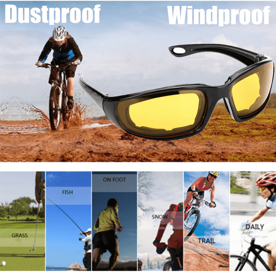 Sunglasses with yellow lenses on a background of outdoor activities like cycling and fishing.