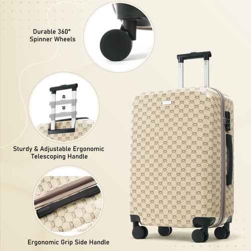 A beige and brown monogram-patterned spinner suitcase shown on a light cream background with three circular feature callouts highlighting durable spinner wheels, an ergonomic telescoping handle, and a textured grip handle.