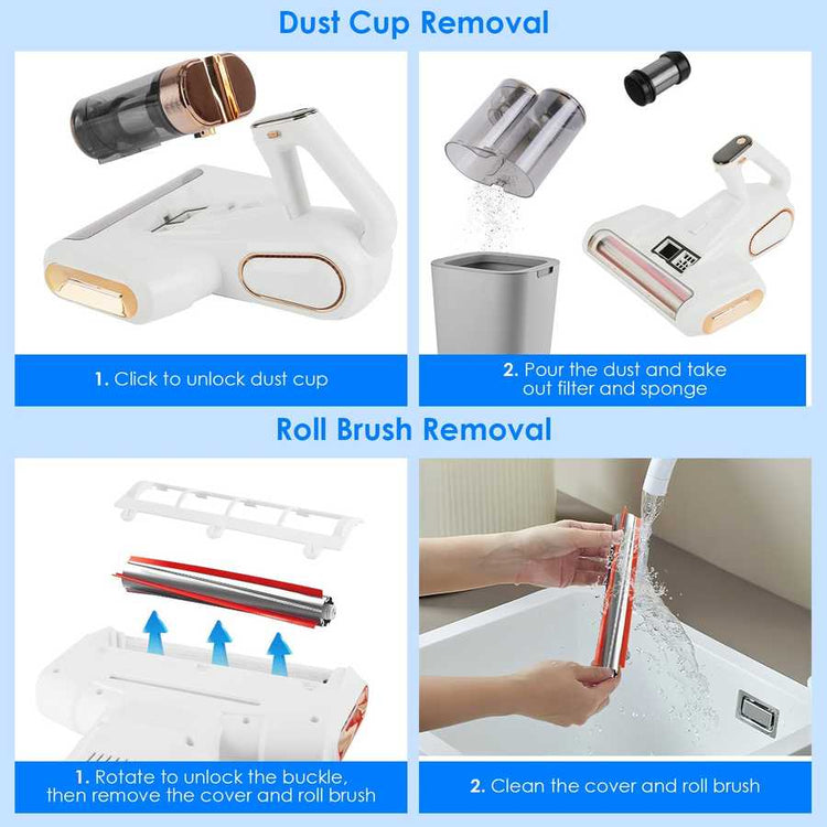 Mattress Vacuum Cleaner with removable dust cup and roll brush, showing easy cleaning and maintenance steps for hygienic use.