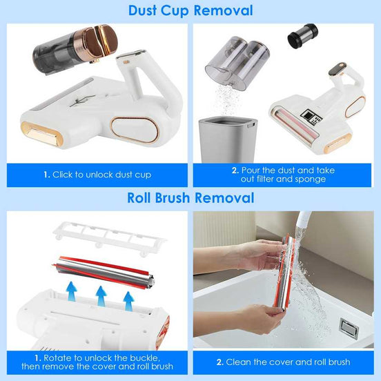 Mattress Vacuum Cleaner with removable dust cup and roll brush, showing easy cleaning and maintenance steps for hygienic use.