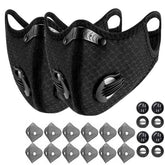 Black face mask with filter replacement parts on a white background