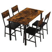 Angled view of 5 Piece Metal Wood Dining Table Set for 4 with industrial-style wood tabletop and sturdy black metal frame.