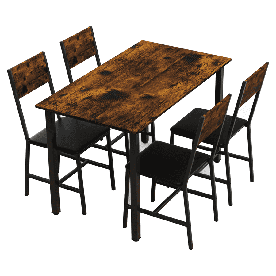 Angled view of 5 Piece Metal Wood Dining Table Set for 4 with industrial-style wood tabletop and sturdy black metal frame.