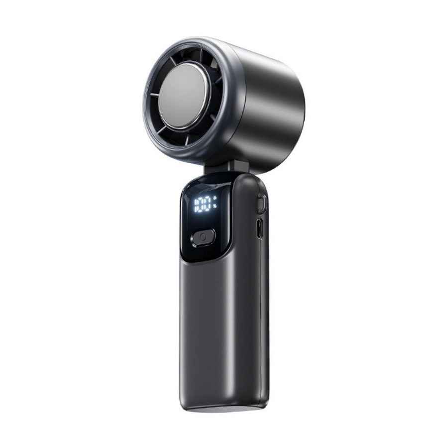 Black handheld hair dryer with digital display on a white background