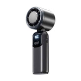 Black handheld hair dryer with digital display on a white background