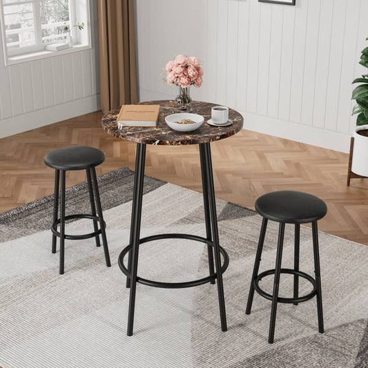 3-Piece Bar Table Set with 2 Stools featuring a round faux marble tabletop and black metal legs, ideal for compact modern kitchens or apartments.