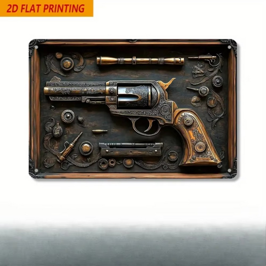 Vintage Revolver Gears Tin Sign features a detailed 2D flat print of a steampunk-style revolver with gears, ideal for wall art decor.