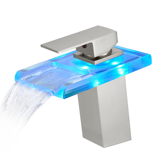 Bathroom Sink Faucet LED Light 3 Colors Changing Waterfall Glass Spout Hot Cold Water Mixer Single Handle One Hole Deck Mounted Bathroom MLNshops]