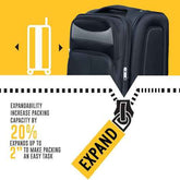 Black expandable suitcase on a yellow background with text highlighting its features.