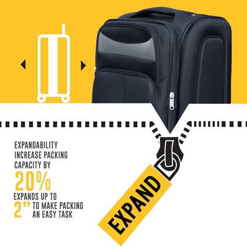 Black expandable suitcase on a yellow background with text highlighting its features.