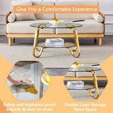 Vintage metal coffee table with glass shelves, highlighting safety features and open storage for a comfortable experience.