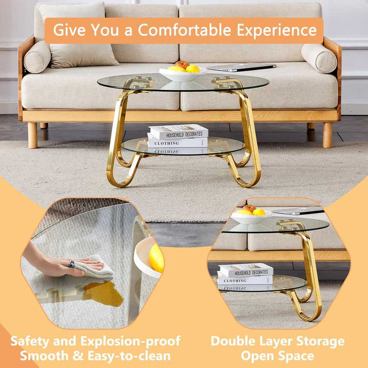 Vintage metal coffee table with glass shelves, highlighting safety features and open storage for a comfortable experience.