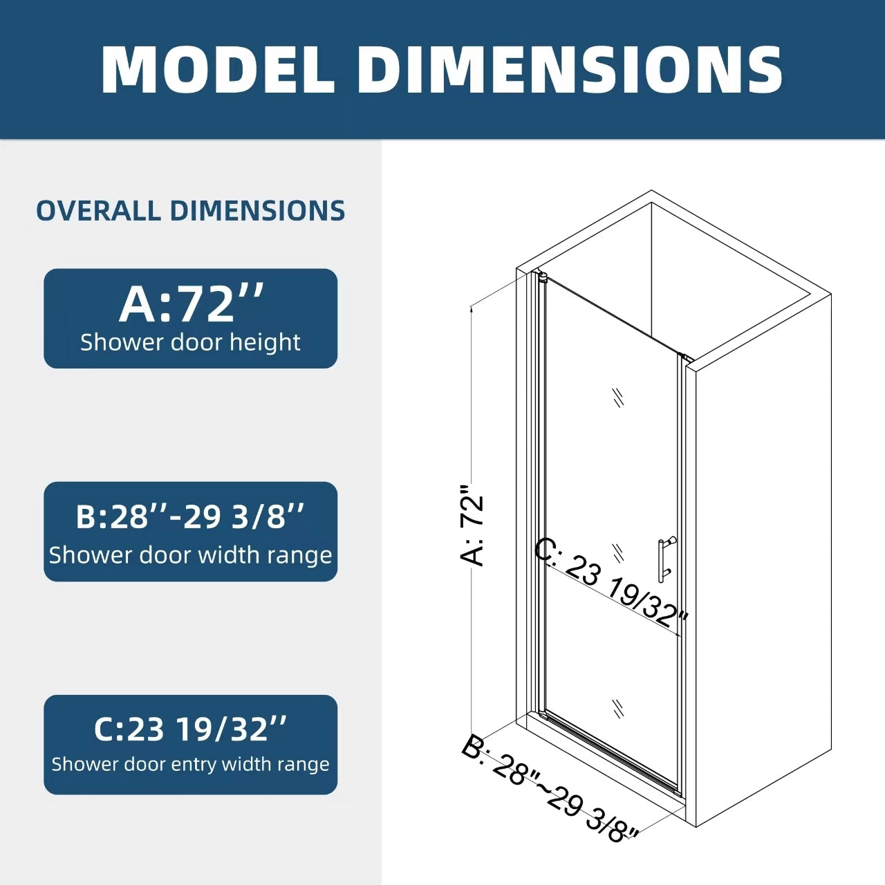 1 3/8" adjustment,universal pivot shower door, open outside, with 1/4" tempered glass and Matted black finish 2872 MLNshops]