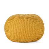 Yellow woven pouf on a white background