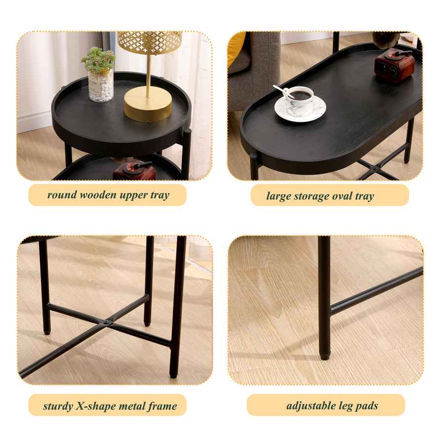 Collage of a black side table with different trays and features on a wooden floor.
