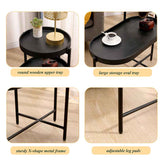 Collage of a black side table with different trays and features on a wooden floor.