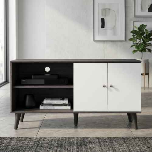 Contemporary black and white wood TV stand with open shelves, cabinet doors, and angled legs, suitable for TVs up to 47.3 inches