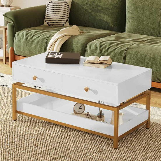 Coffee Tables for Living Room, 39.4' Modern Coffee Table with 2 Drawers and Open Shelf, Wood Center Table with Storage and Gold Metal Frame, White