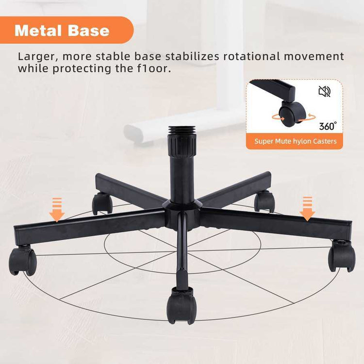 Sturdy metal base of the Orange Velvet Office Chair with 360° swivel casters for smooth and stable movement on all floors.