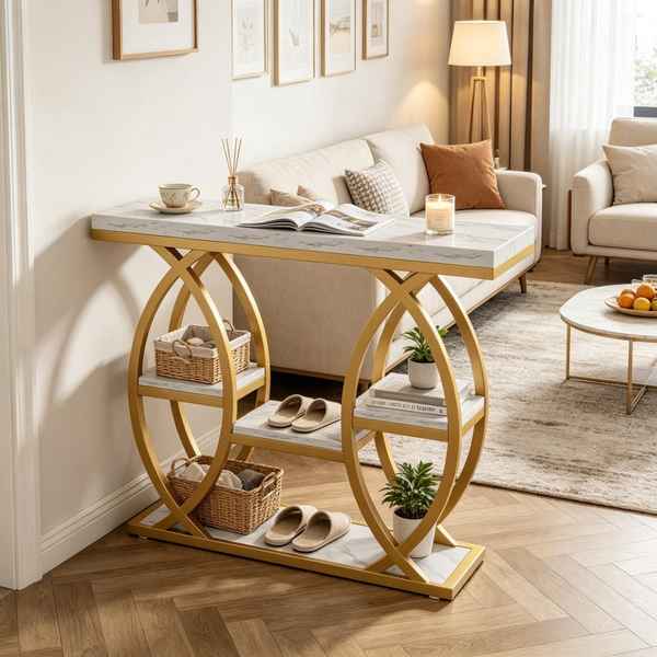 A modern console table with a white marble-patterned top and base, supported by two large interlocking gold metal arches and featuring two open side shelves. The table is styled in a bright, modern living room next to a beige sofa.