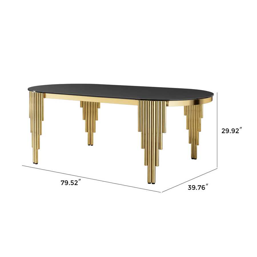 Dimensions of 79.53 in. oval dining table with black glass top and gold legs, ideal for spacious dining rooms.