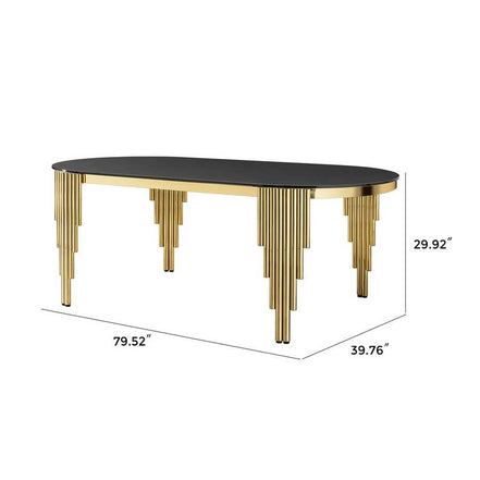 Dimensions of 79.53 in. oval dining table with black glass top and gold legs, ideal for spacious dining rooms.