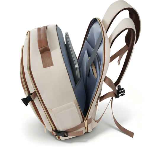 An open backpack shown from a three-quarter angle, revealing its interior compartments, laptop sleeve, and adjustable shoulder straps. The backpack features a cream-colored exterior with tan accents and a blue-gray interior lining.