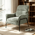 A modern upholstered armchair in textured sage green fabric with black metal legs, placed on a light rug in a sunlit room with a bookshelf and floor lamp in the background.
