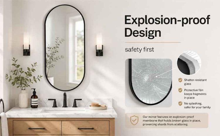 Bathroom vanity with a large round mirror, safety features highlighted, and text about explosion-proof design.