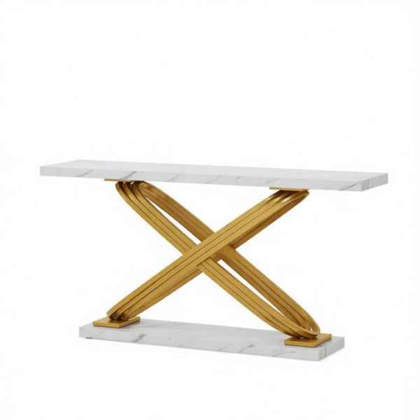 A modern console table featuring a white marble top and base with a polished gold metallic X-shaped central support, shown against a plain white background.